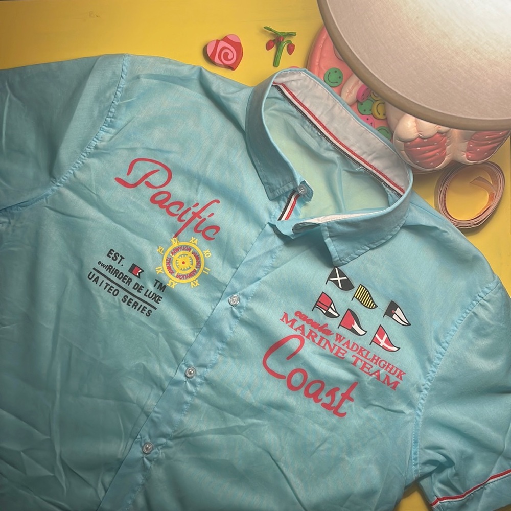 Beachy Teal Blue “Marine Team” Short Sleeve Button Up Shirt 👕 Pacific Coast